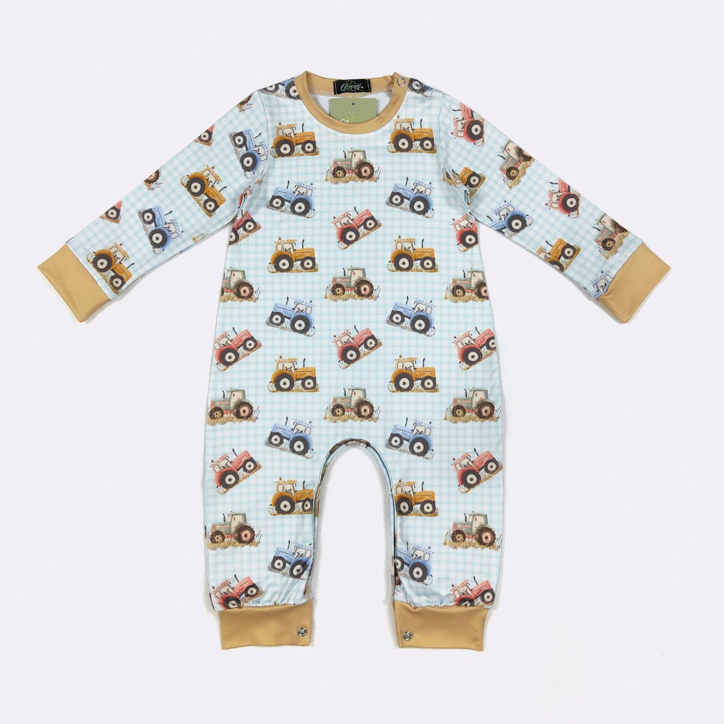 Blue Gingham Tractor Boy Romper