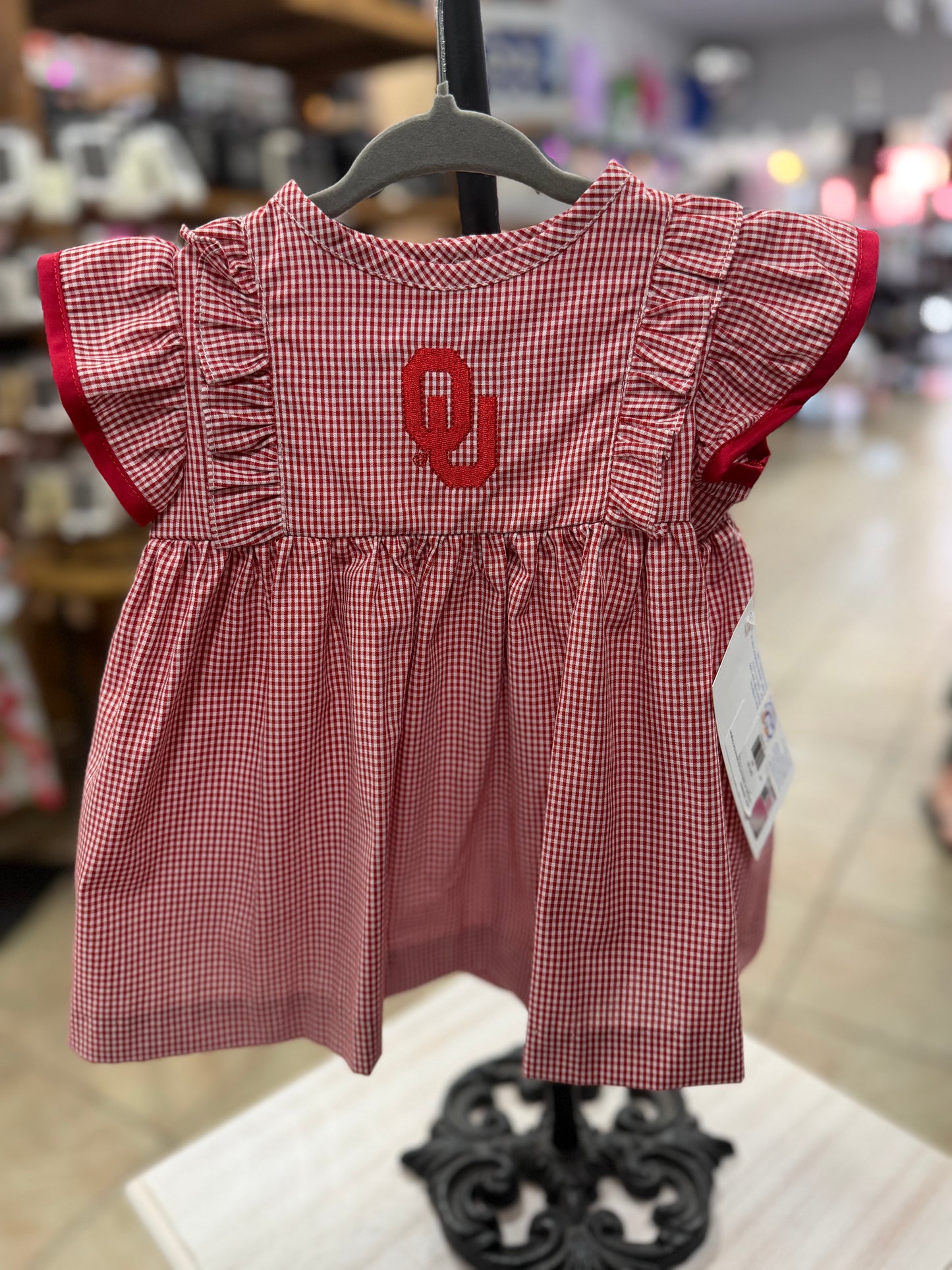 University of Oklahoma Embroidered Red Gingham Ruffle Dress