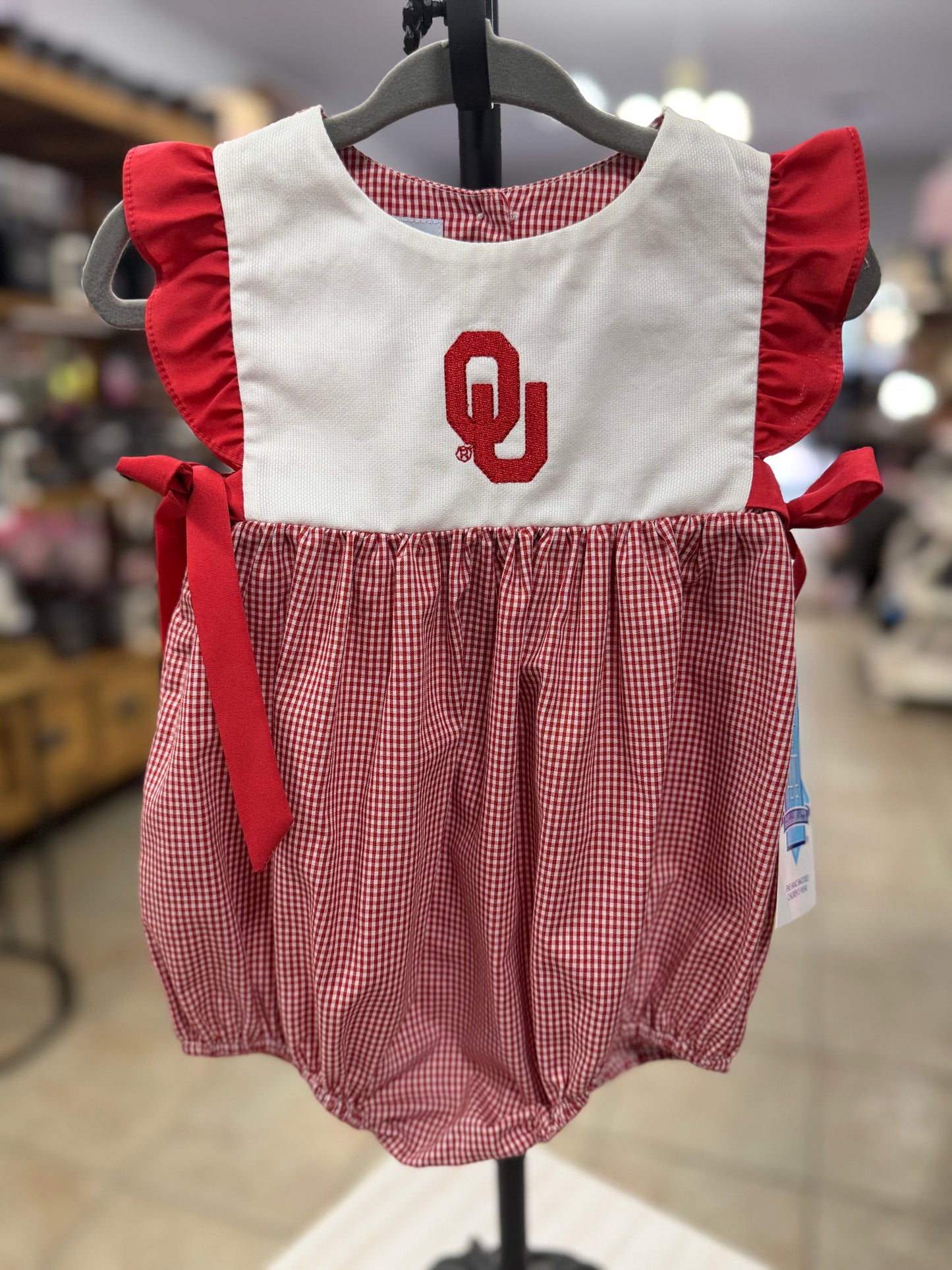 Oklahoma Sooners Embroidered Red Gingham Girls Bubble