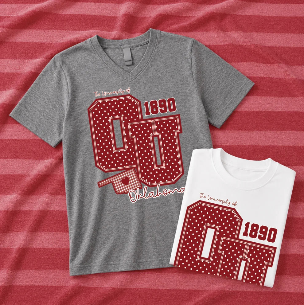UNIV. of OKLAHOMA 2026: Big OU Polkadot & Gingham (WHITE BELLA CANVAS VNECK)