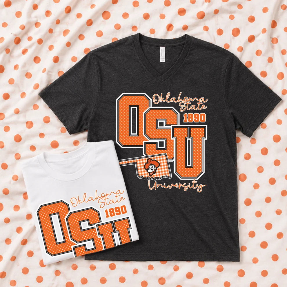 OK STATE 2026: Big OSU Polkadot & Gingham (WHITE BELLA CANVAS VNECK)