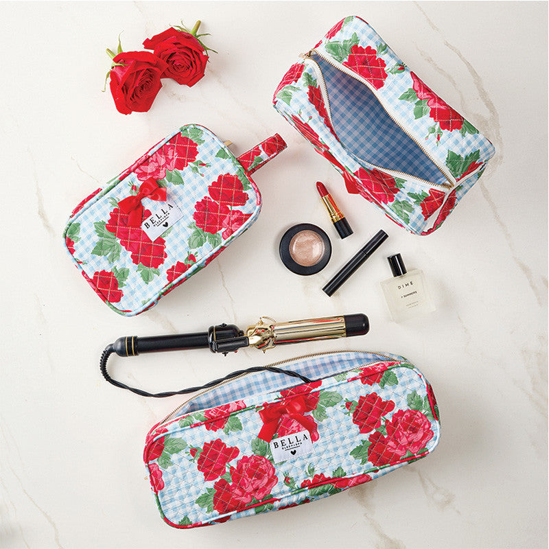 Quilted Hair Tool Bag - Blue Gingham + Red Roses