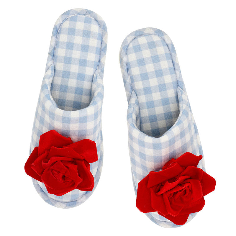 Plush Velvet Rosette Slippers - Blue Gingham + Red Velvet Rosette