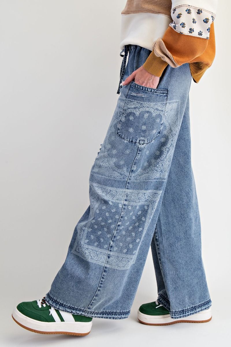 Patchwork Printed Washed Denim Pants