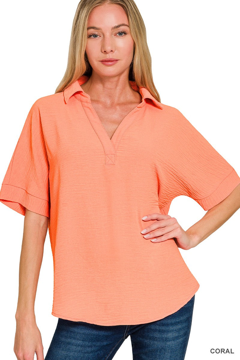 Woven Airflow Collared V-neck Short Sleeve Top