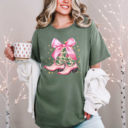 Pink Christmas Cowgirl Boots Tee
