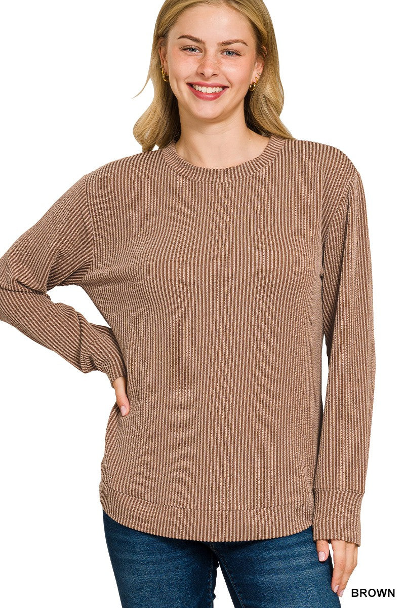 Raised Rib Round Neck Long Sleeve Top