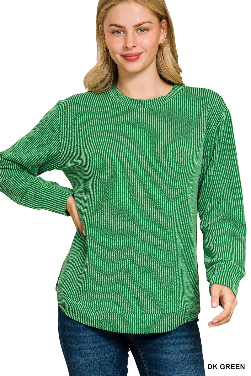 Raised Rib Round Neck Long Sleeve Top