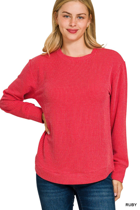 Raised Rib Round Neck Long Sleeve Top