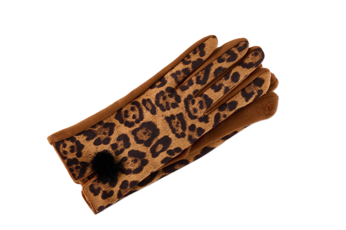 Leopard Print with Fur Ball Fleece Lined Gloves