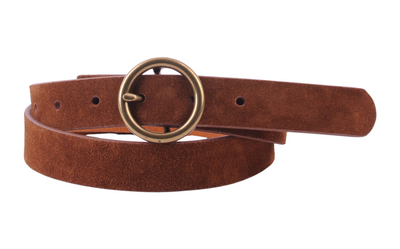 Brass Toned Circle Buckle Suede Leather Belt