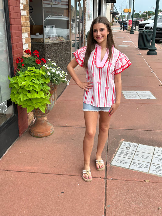 Pink Bow Striped Scallop Top