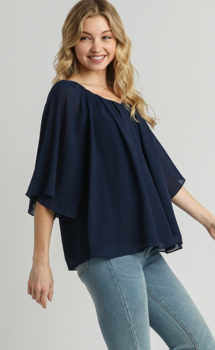 The Pleated  Navy  Dressy Top