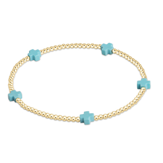 Signature Cross Small 2mm Gold Bracelet - Turquoise