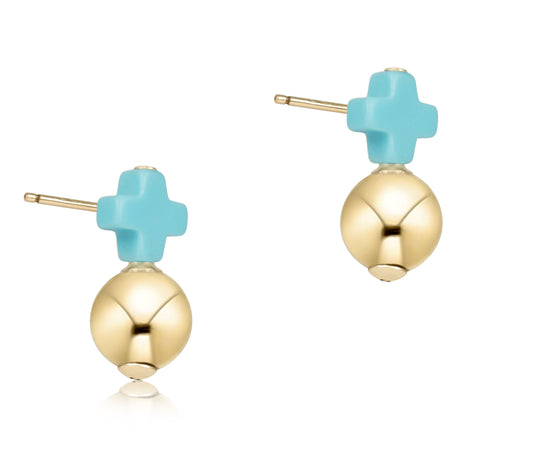 Signature Cross Small Turquoise Stud - Classic Gold
