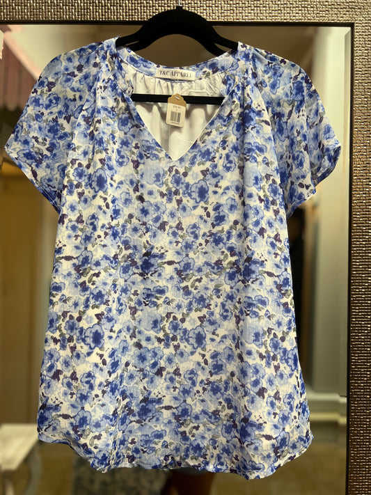 Blue Floral Flutter Sleeve Top