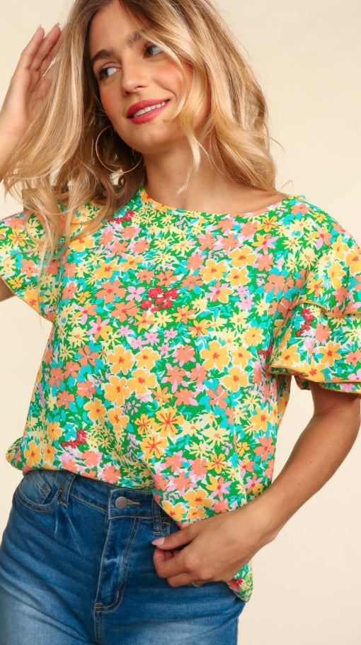 Green/Yellow Floral Top