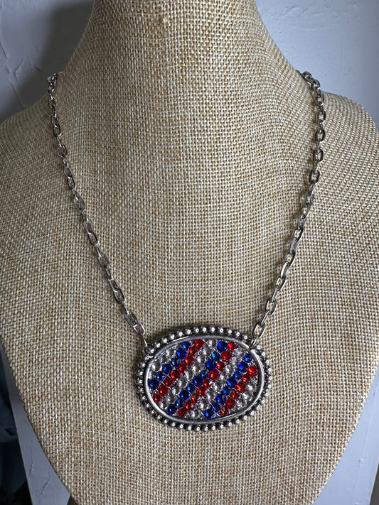 Rhinestone Oval Necklace Red & Blue