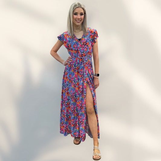 Floral V Neck Split Maxi