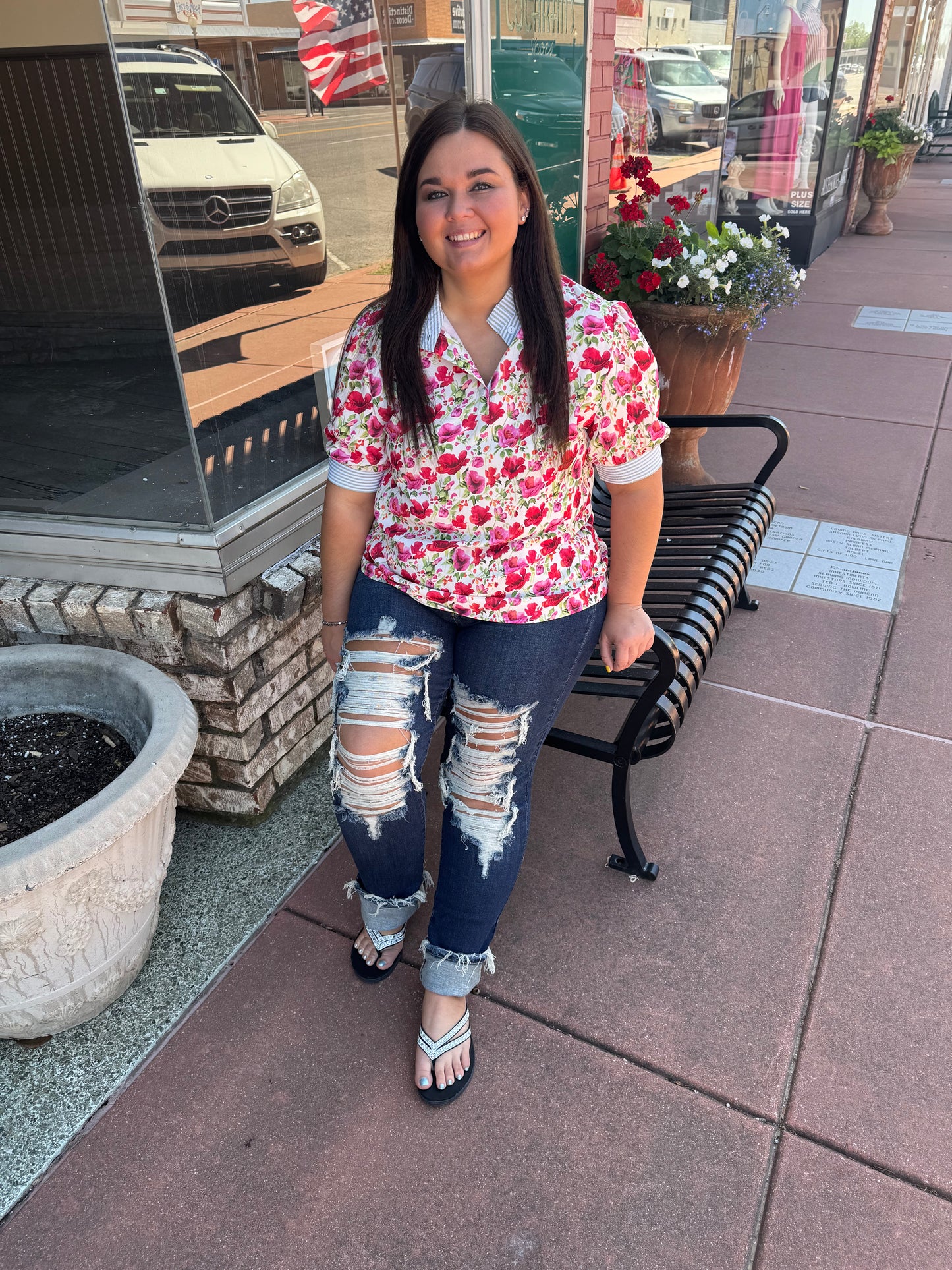 Pink Floral Ruffle Stripe Top