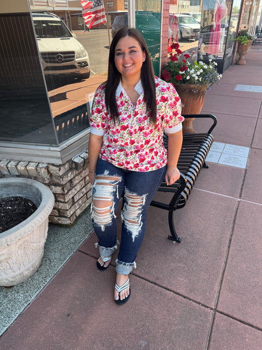Pink Floral Ruffle Stripe Top