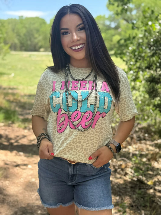 I Need a Cold Beer Natural Leopard Tee