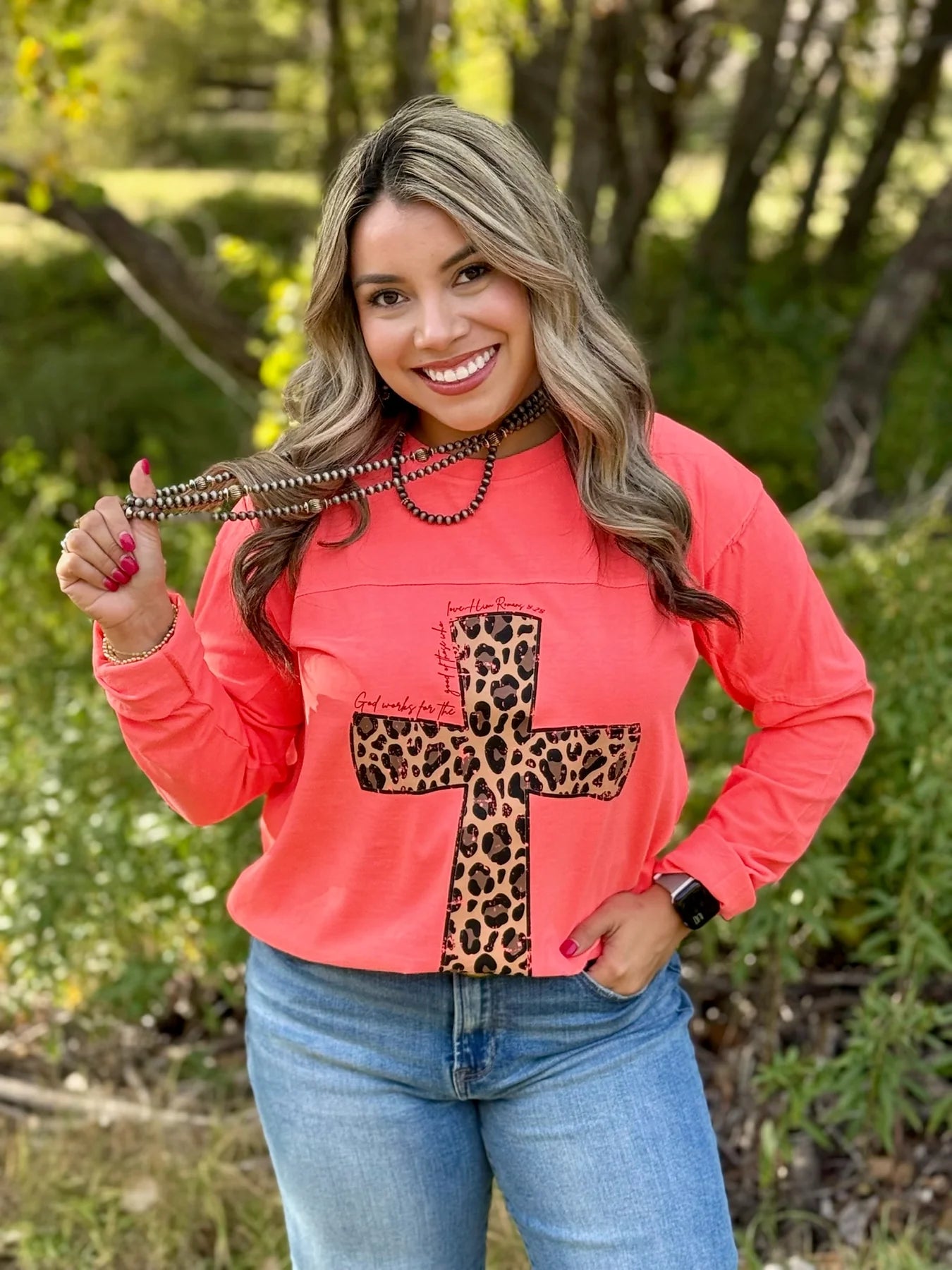 Leopard Cross Coral Long Sleeve