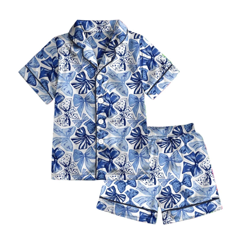 Lounge Short Set-Preppy Blue Bows