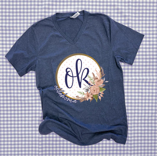 OKLAHOMA 2025: OK Script Floral Wreath With *Gold Shimmer* VNeck