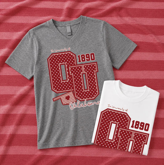 UNIV. of OKLAHOMA 2026: Big OU Polkadot & Gingham (WHITE BELLA CANVAS VNECK)