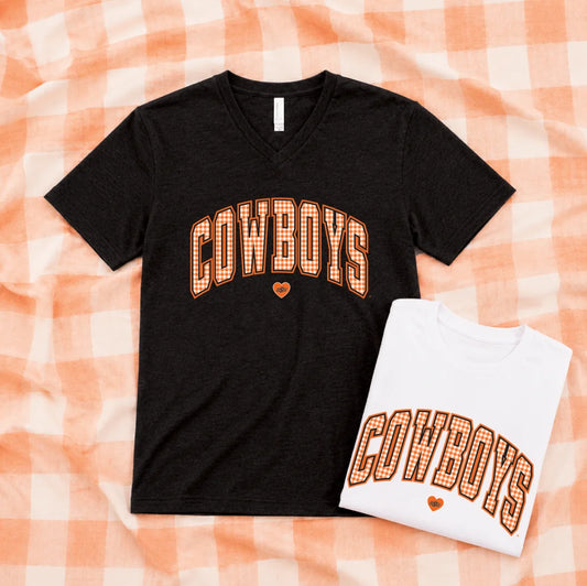 OK STATE 2026: Cowboys Gingham (BLACK BELLA CANVAS VNECK)