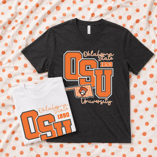 OK STATE 2026: Big OSU Polkadot & Gingham (WHITE BELLA CANVAS VNECK)