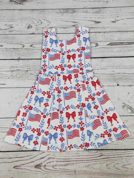 Flower Bow Print Girls Patriotic Athletic Dresses