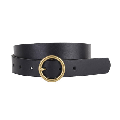 Brass Toned Circle Buckle Leather Belt