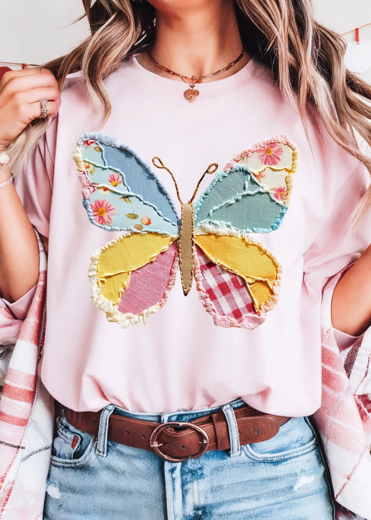 Faux Patchwork Quilted Butterfly Tee