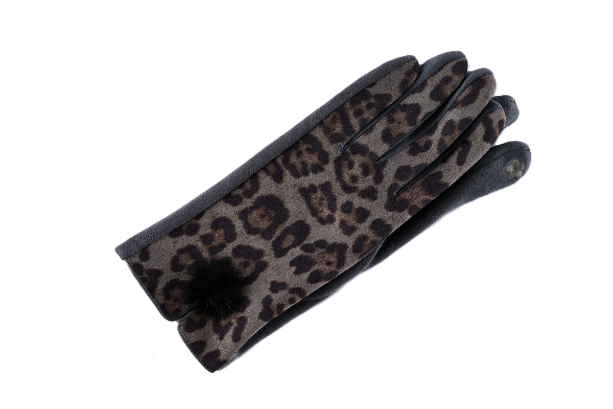 Leopard Print with Fur Ball Fleece Lined Gloves