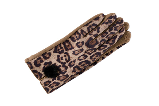 Leopard Print with Fur Ball Fleece Lined Gloves