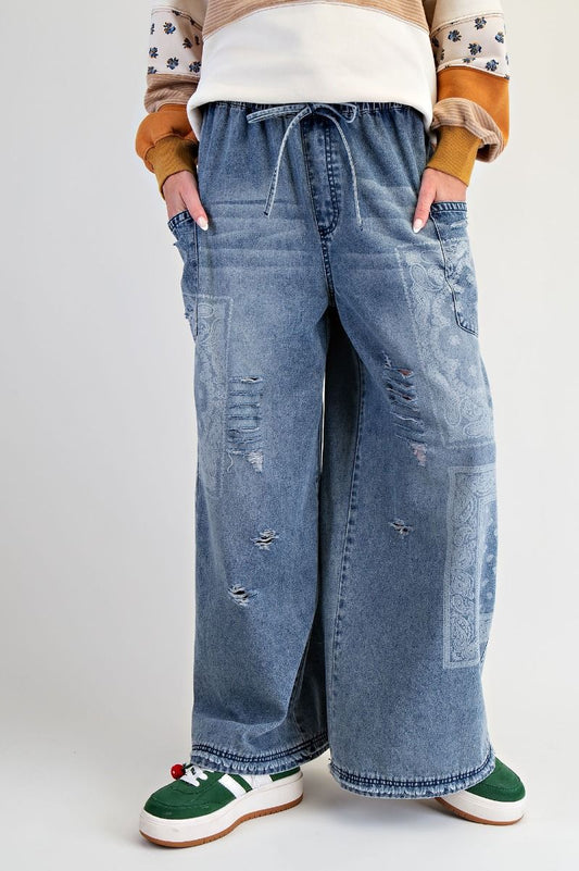 Patchwork Printed Washed Denim Pants