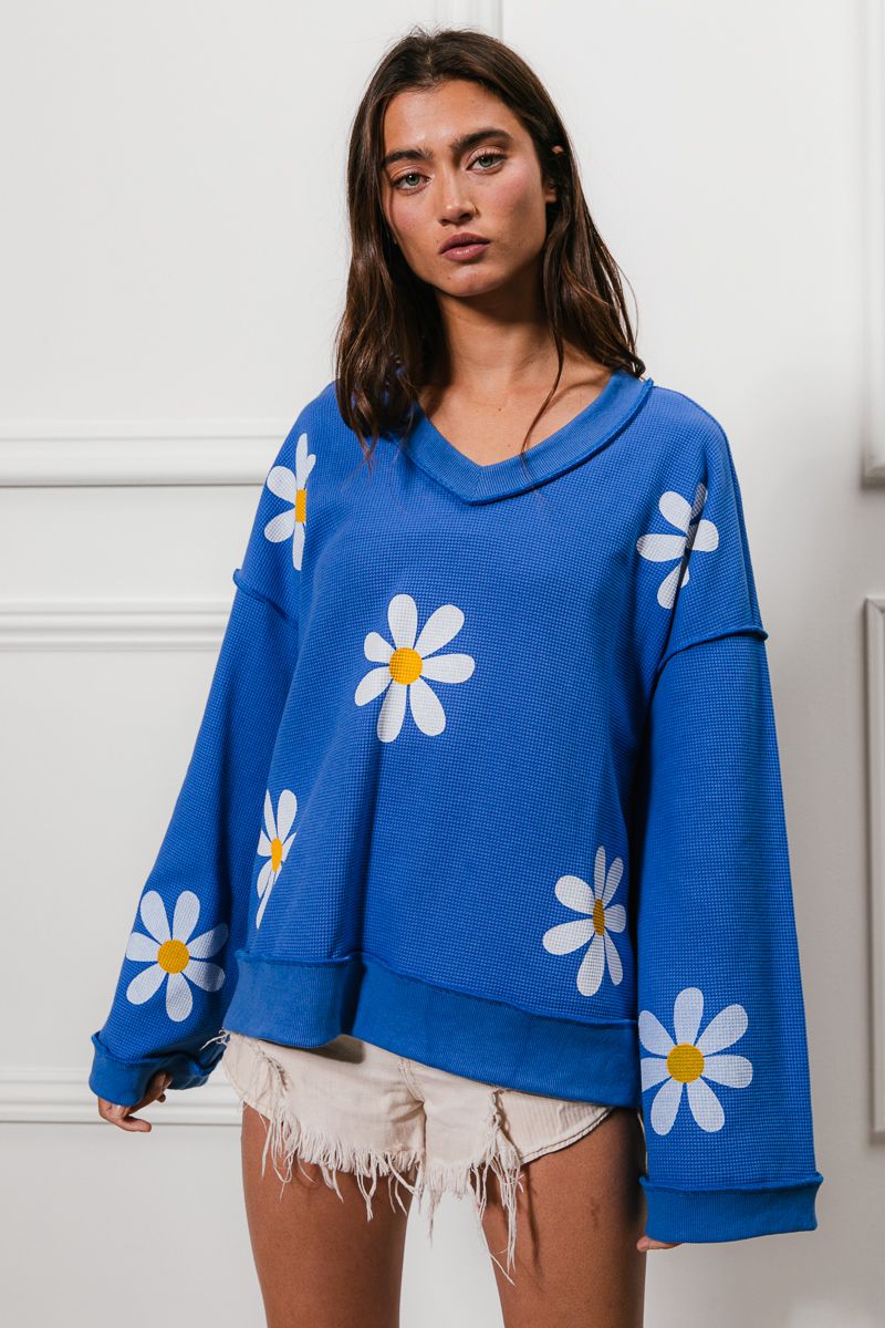 Thermal Knit Blue Daisy Top