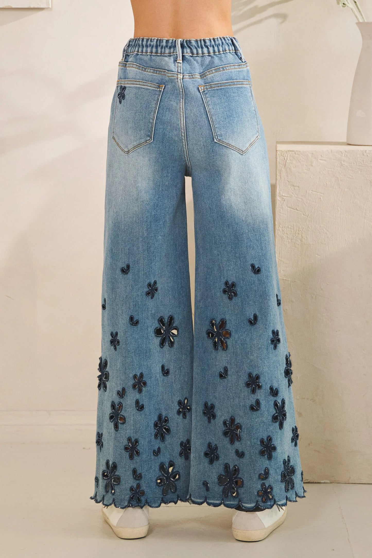 Washed Flower Cutout Denim Pants