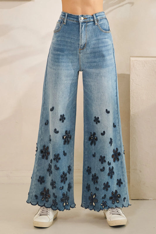 Washed Flower Cutout Denim Pants