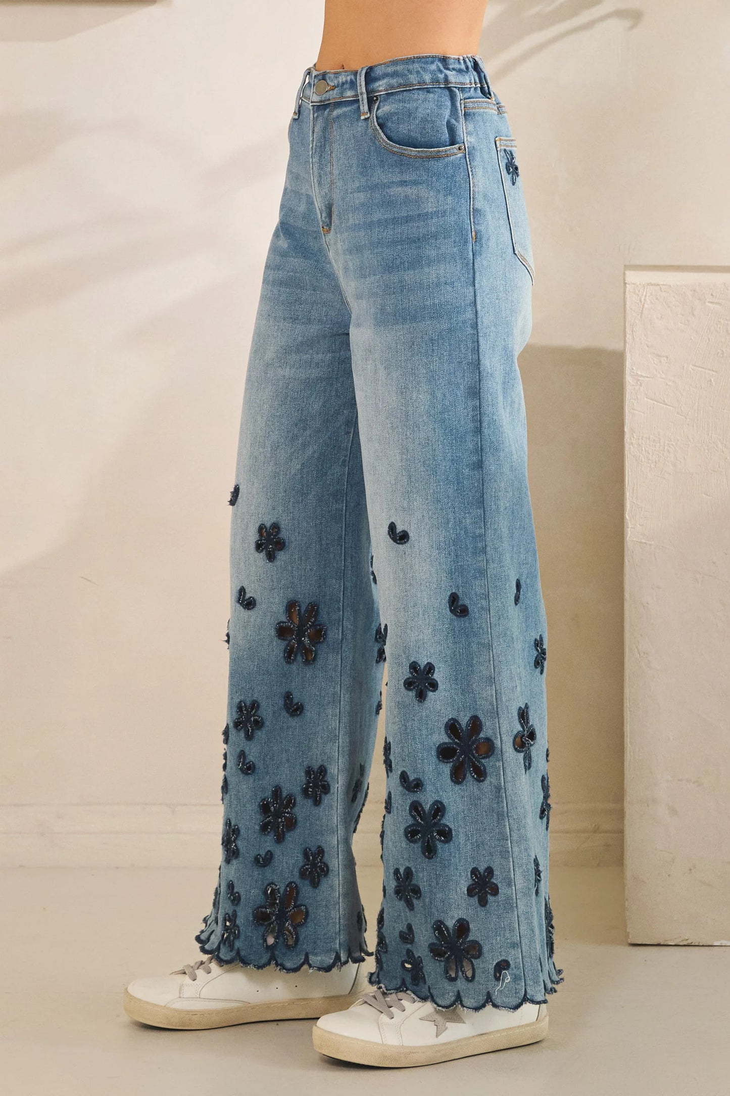 Washed Flower Cutout Denim Pants